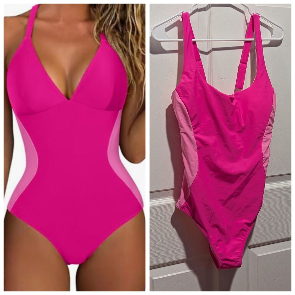 Hot Pink Size Large Sexy Tummy Smoothing One Piece Swimsuit Bathing Suit Lace Up